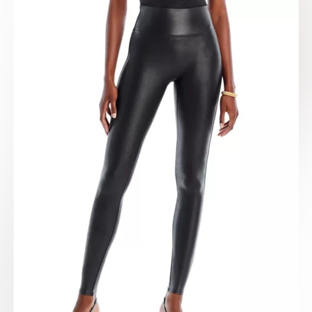 Spanx Black Wetlook Nylon Faux Leather Skin Tight High Waist Leggings XS